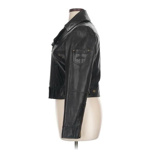 Guess Black Leather Moto Jacket Gold Zipper XL - Picture 3 of 4